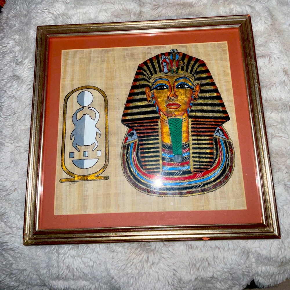 Vintage Authentic Egyptian Papyrus Painting Framed Scarab and Pharaoh.
